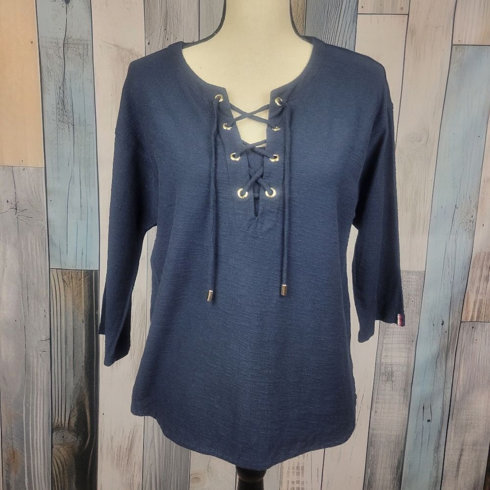 Tommy Hilfiger Navy Blue Lace Up 3/4 Sleeve Top Size Small
